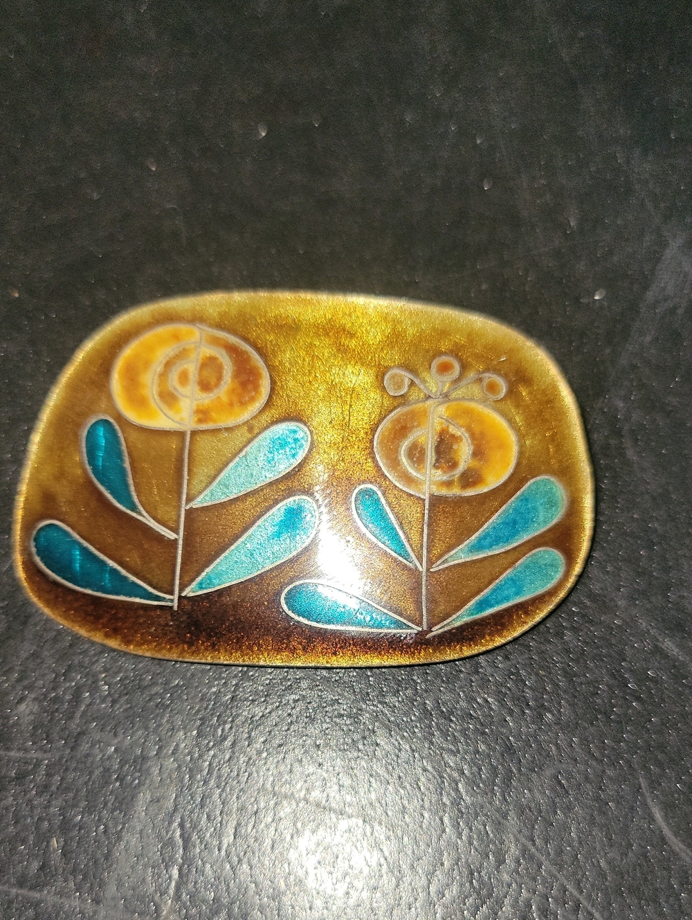 Handcrafted Midcentury Floral Sterling Pin in Gold and Teal